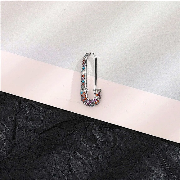 Silver Multicolor Rhinestone Safety-pin Earring, Minimalist, Punk - Picture 5 of 5